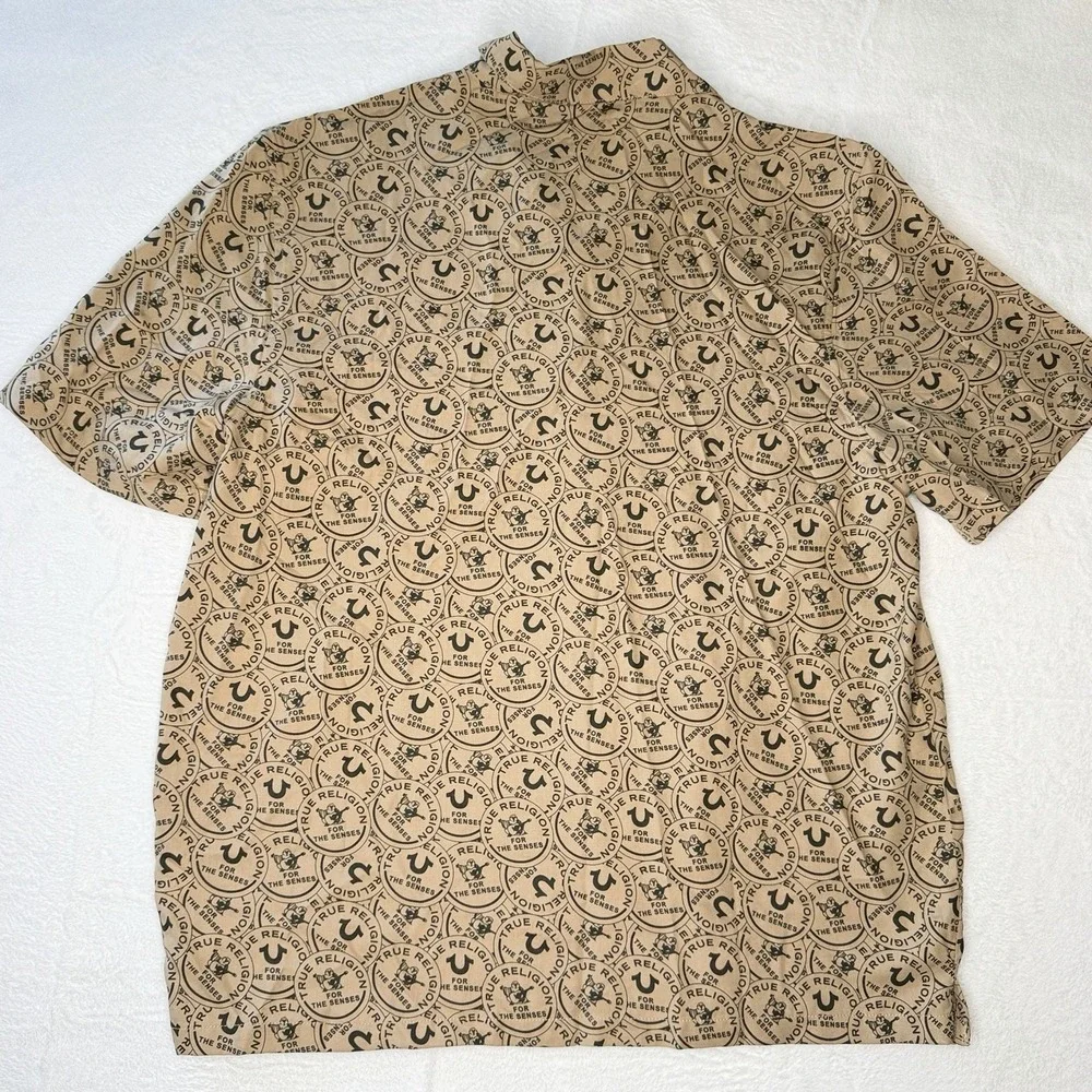 True Religion Logo Print Resort Shirt AOP All Over Y2K Streetwear Tan NWT Large